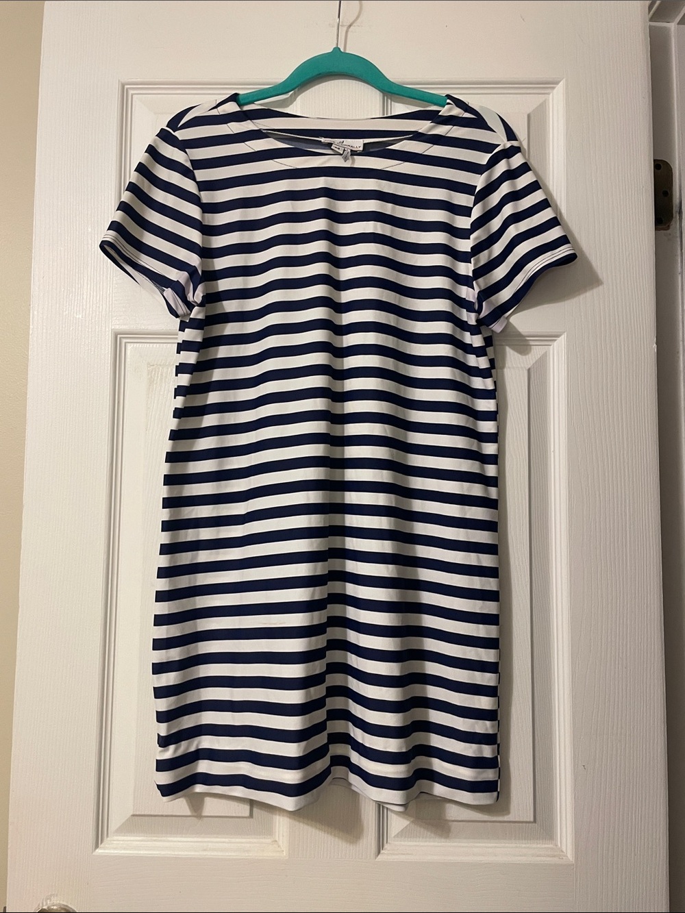 Jude Connally Navy and White Striped Short-Sleeve Shift Mini Dress - Picture 2 of 6